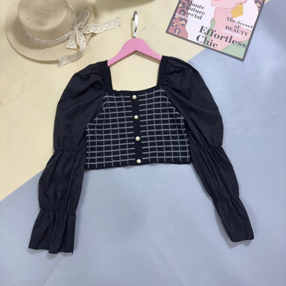 Black Tweed Front Puff Sleeve Pearl Button Square Neck Crop Top